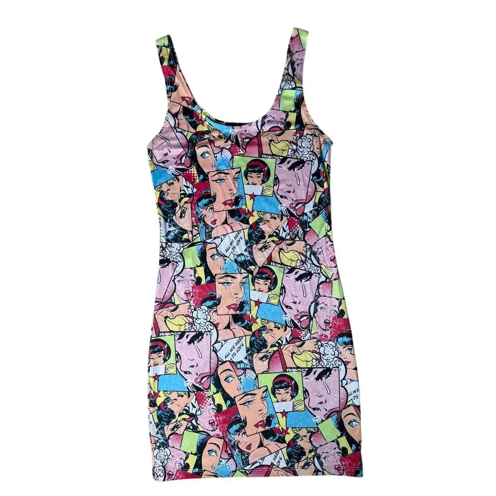 Vintage Y2K Wet Seal Superhero comic book body con dress. Size s